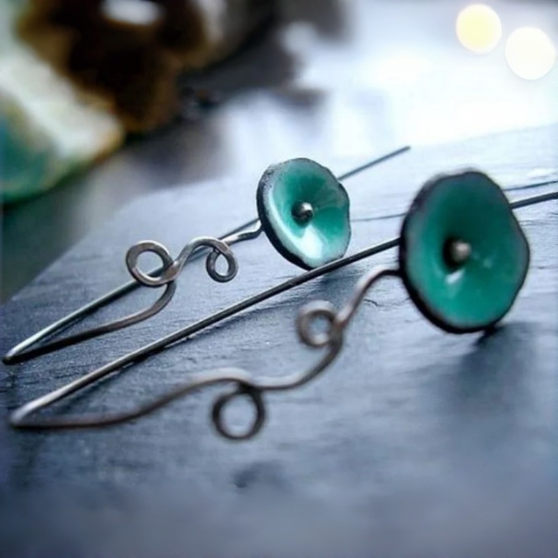 Women's Vintage Lake Blue Enamel Earrings, Fresh Forest Style